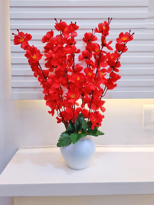ARTSY® Artificial Flowers With Pot For Home Decoration, Office Decor Cherry Blossom combo, Red, 1 Piece