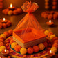 Orange Diwali Gift Hamper Tray with Net Cover, Golden Lace and Rangoli Decor