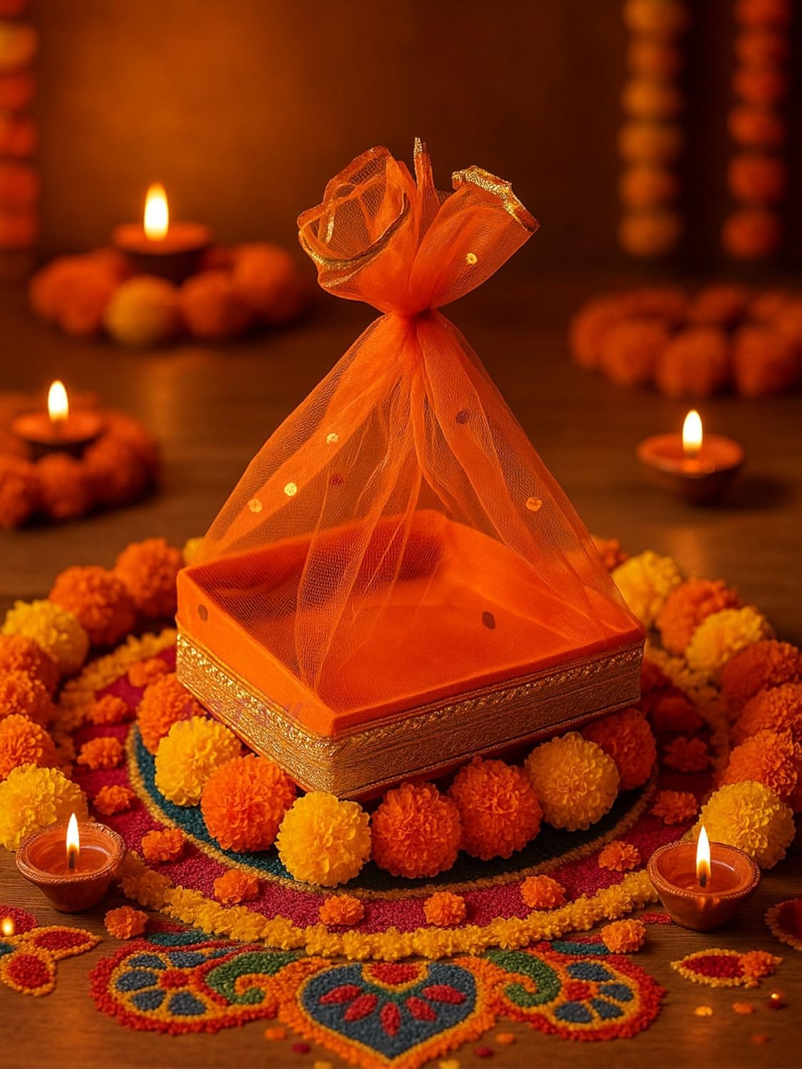 Orange Diwali Gift Hamper Tray with Net Cover, Golden Lace and Rangoli Decor