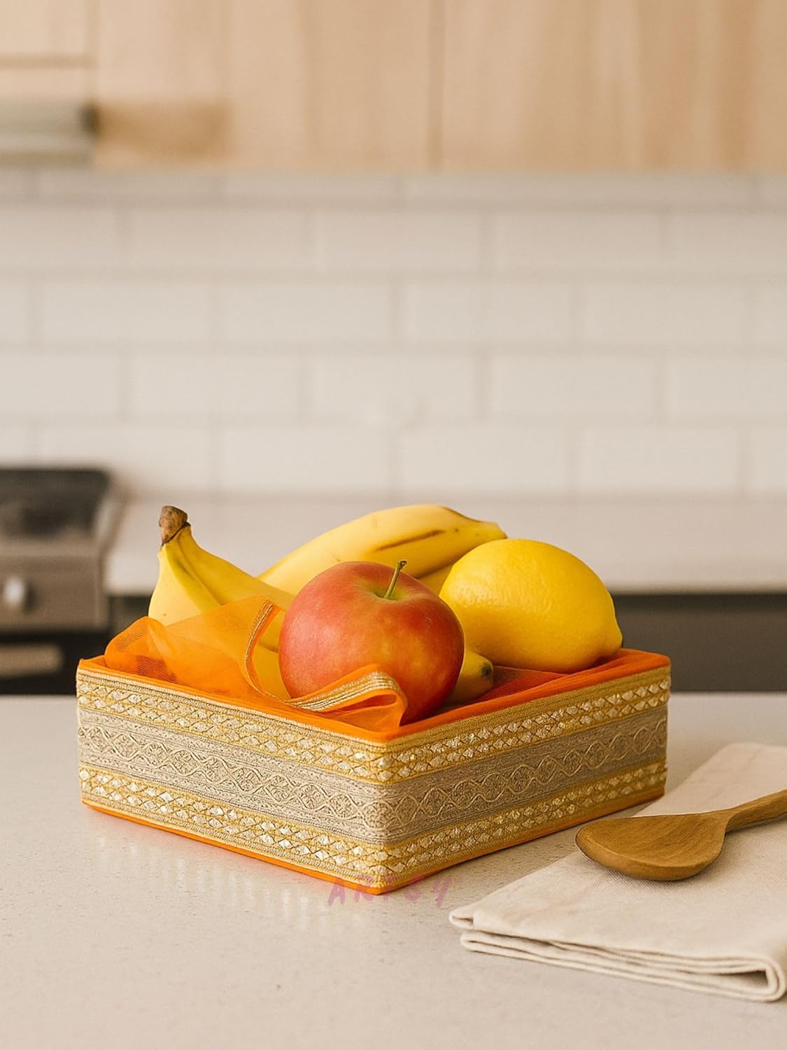 Orange Festive Fruit Basket Tray with Golden Embroidery and Net Cover
