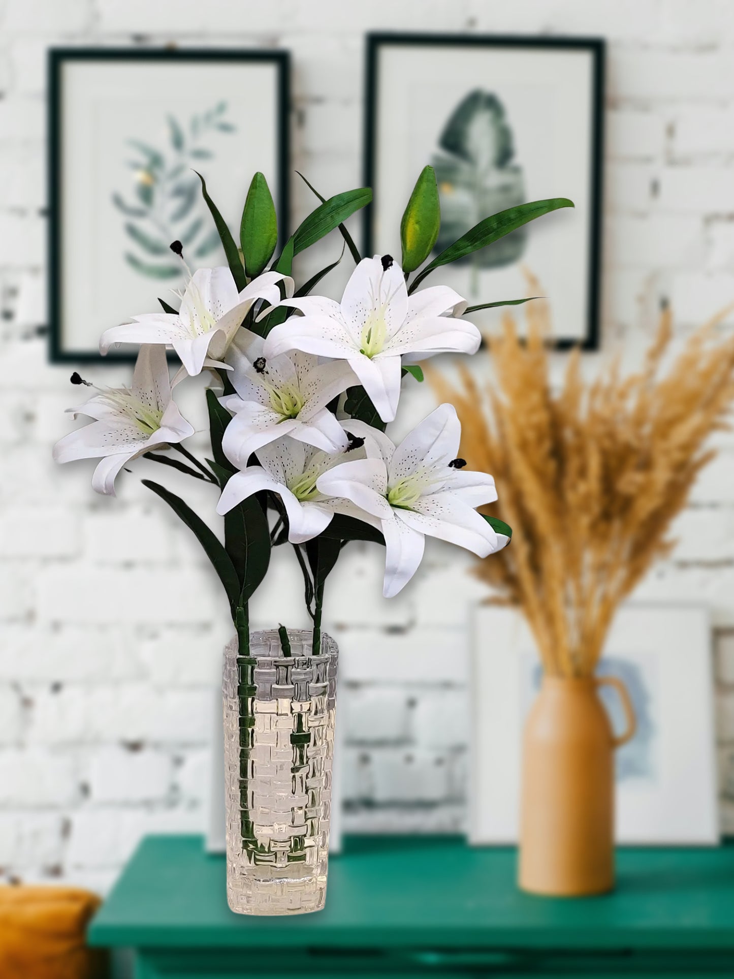 ARTSY® Realistic Artificial White Lily Flower Bunch - Lifelike Decor for Home or Office Home Decor, Office Decor, Vae Filler, Gifting and many more, 3 Big flowers, 100 CM Long