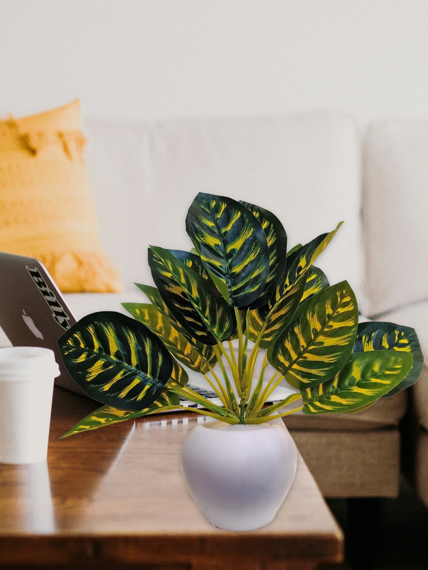 Blooming Beauty: Artificial Plant in Stylish Pot for Effortless Home Decor. Artificial Leaves with Pot Plants for Home Decoration, Leaves Bunch Flowers with Pot Office Decor, Craft and DIY, Combo, Yellow green, triangular shape leaves
