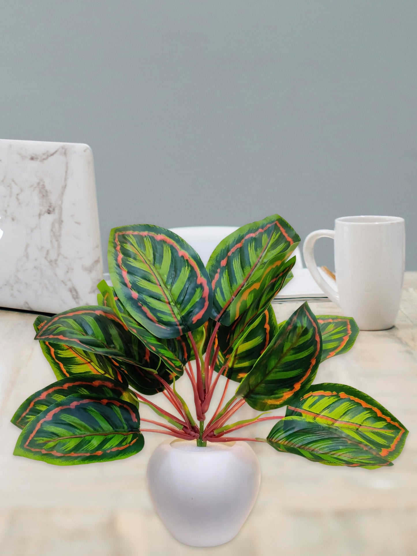 Blooming Beauty: Artificial Plant in Stylish Pot for Effortless Home Decor. Artificial Leaves with Pot Plants for Home Decoration, Leaves Bunch Flowers with Pot Office Decor, Craft and DIY, Combo, Orange Green