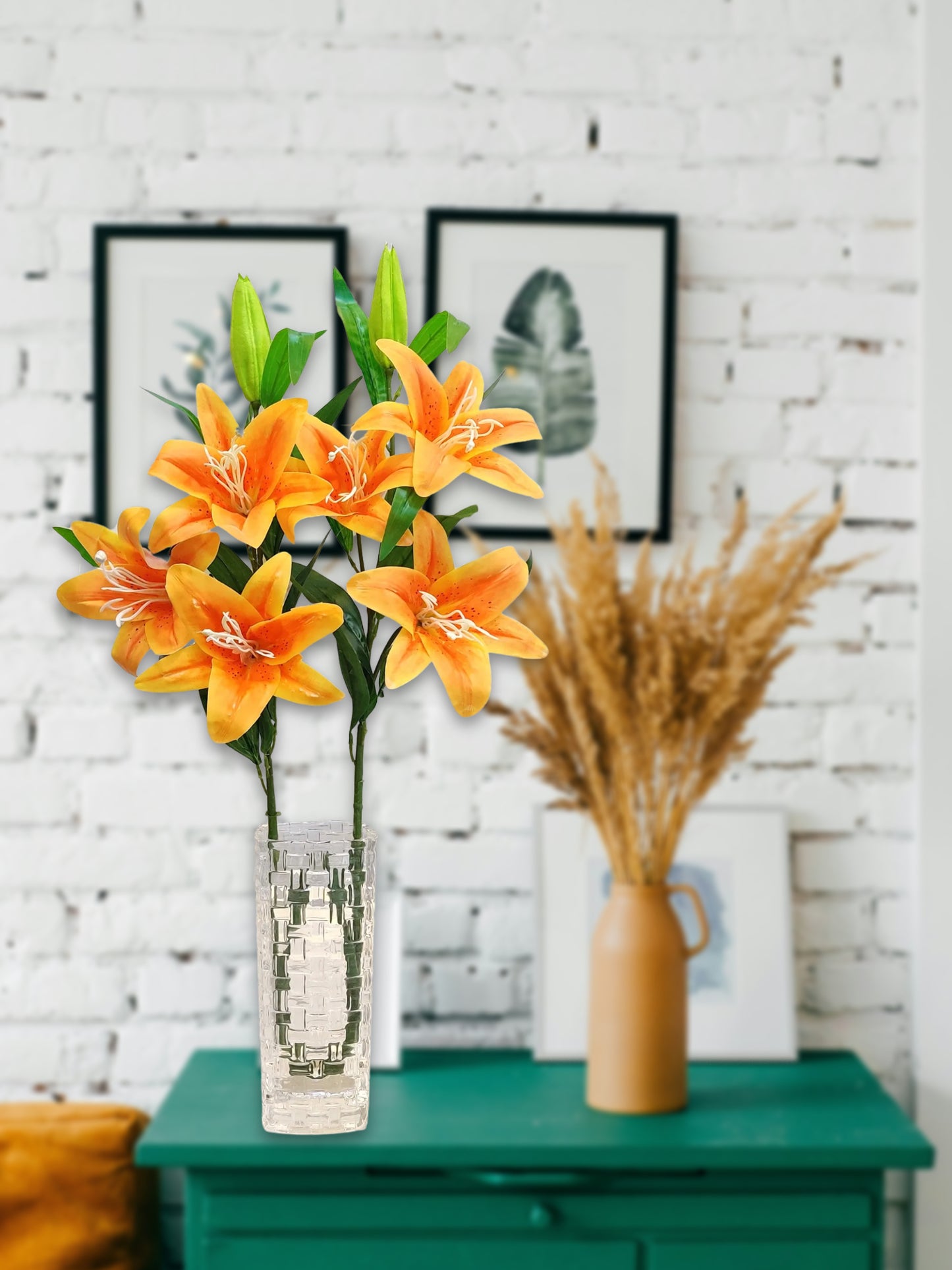 ARTSY Artificial Lily Flower Stick Orange: Timeless Elegance in Every Detail For Home Decor, Office Decor, Vae Filler, Gifting and many more, 3 Big flowers, 100 CM Long