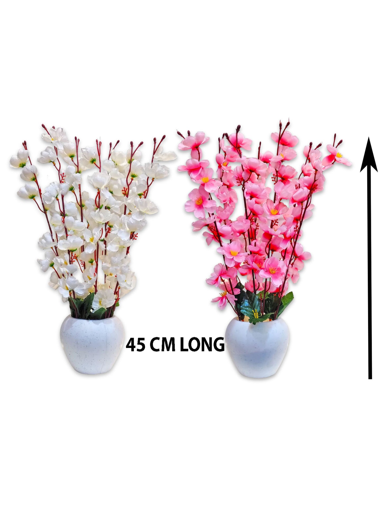 ARTSY® Artificial Flowers With Pot For Home Decoration, Office Decor Cherry Blossom combo, White, Light Pink, Pack of 2 Pieces.