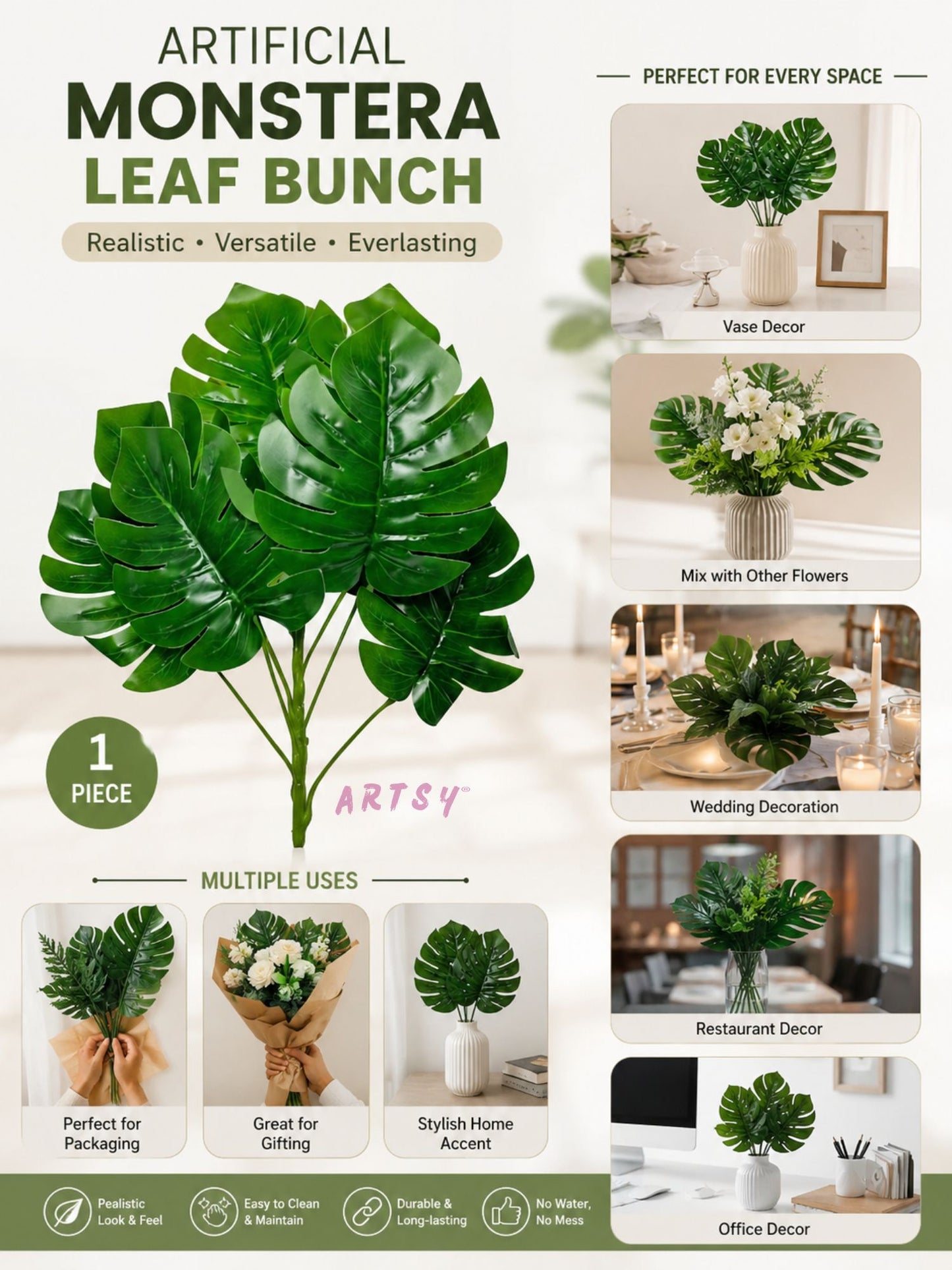 ARTSY Artificial Monstera Leaf Bunch | Realistic Tropical Artificial Plant for Home & Office Decor