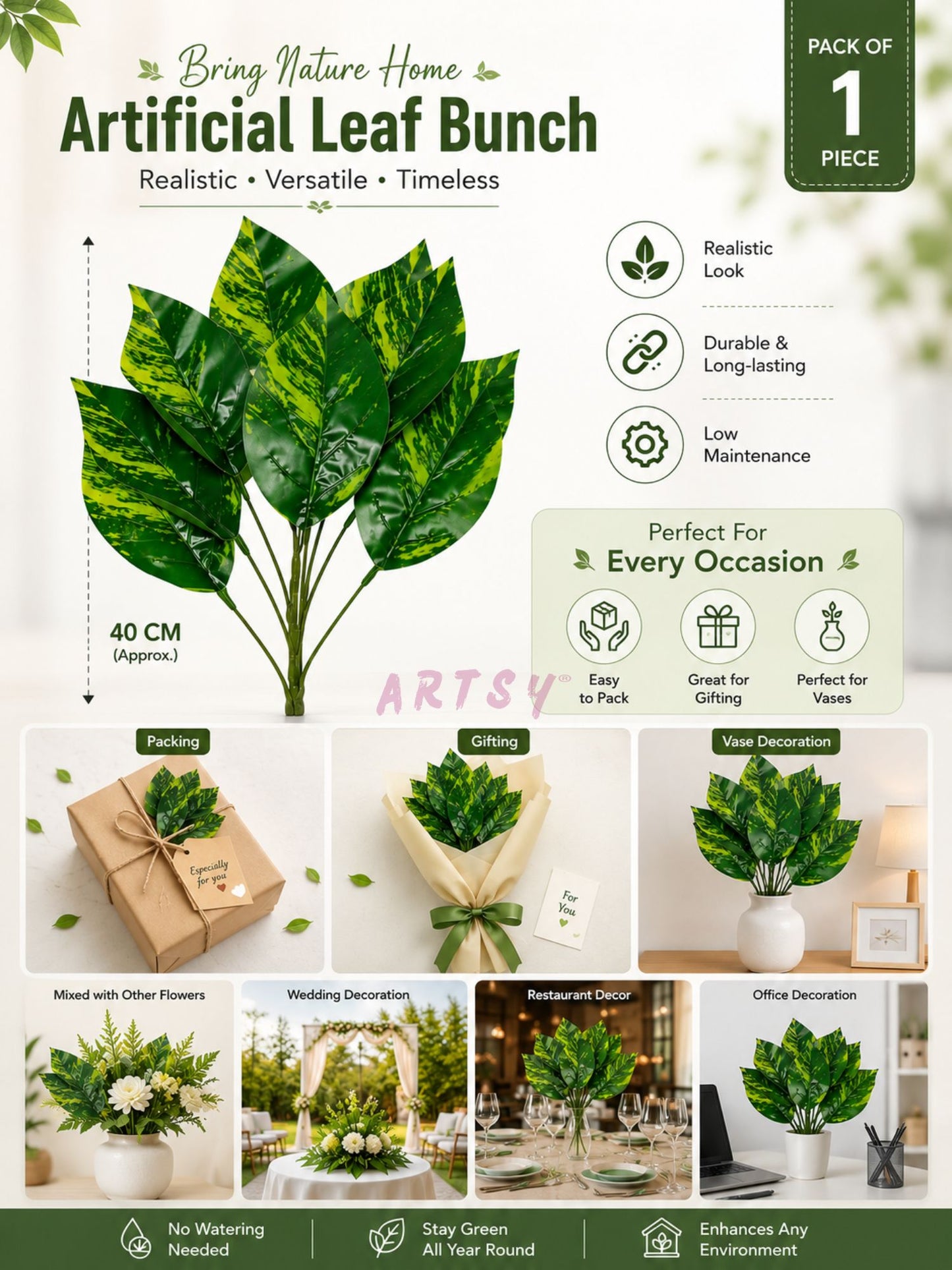ARTSY Premium Artificial Green Leaf Bunch for Home & Office Decor