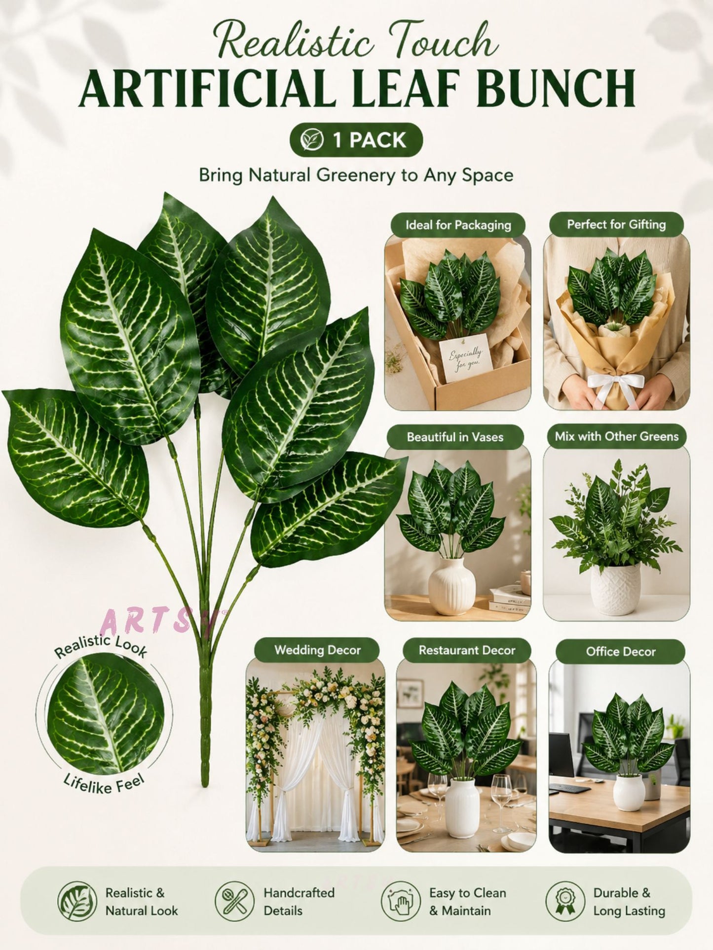 ARTSY Premium Artificial Green Leaf Bunch for Home Decor | Realistic Decorative Plant Stem (Pack of 1)