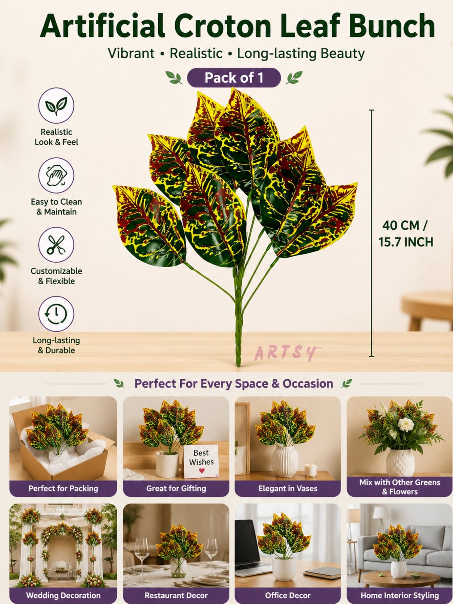 ARTSY Artificial Croton Leaf Bunch for Home Decor | Realistic Tropical Faux Plant for Living Room, Office & Vase Decoration (Pack of 1)