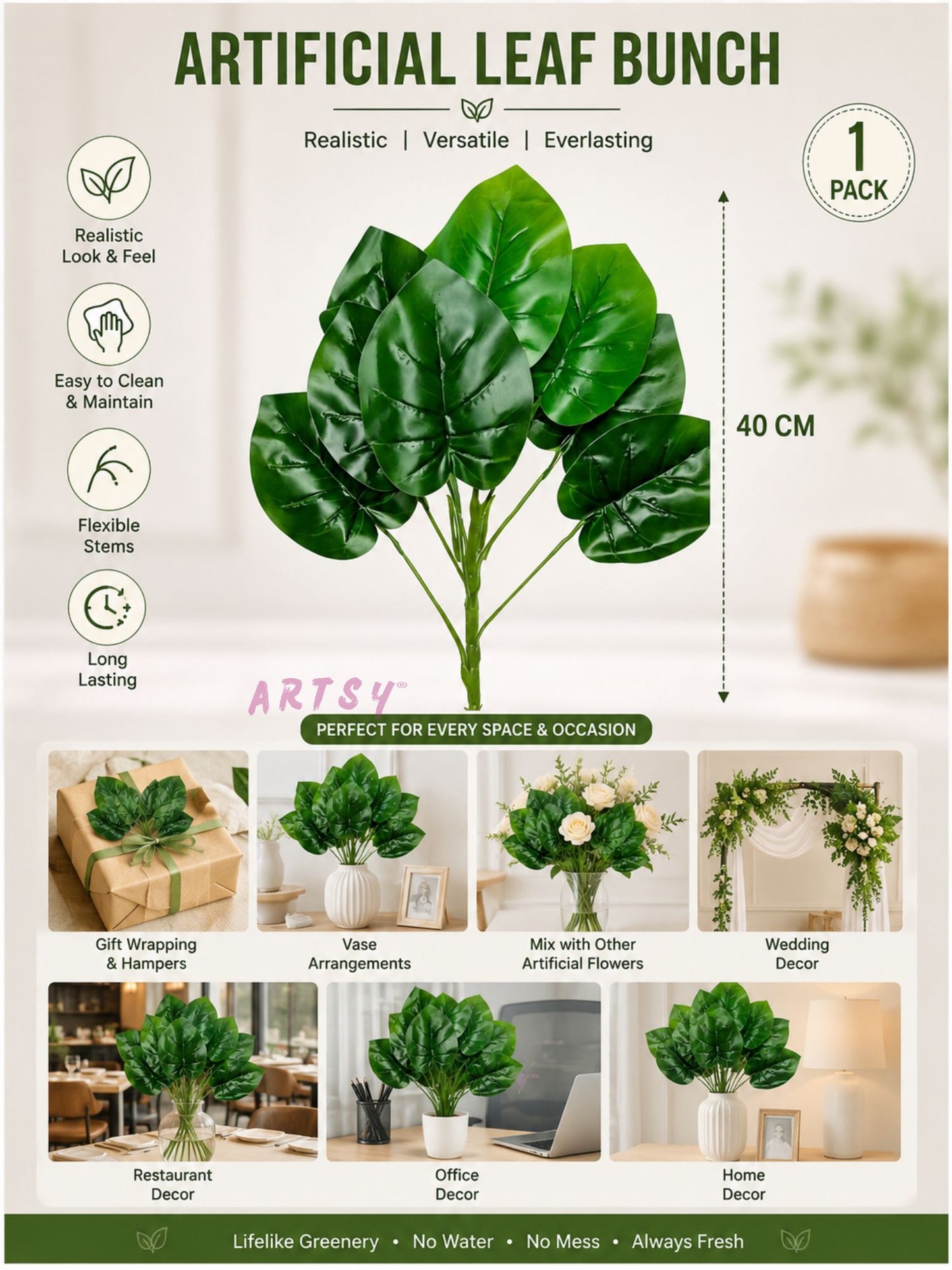 ARTSY Artificial Leaf Bunch for Home Decor | Realistic Greenery Plant for Vase, Office & Wedding Decoration (Pack of 1)