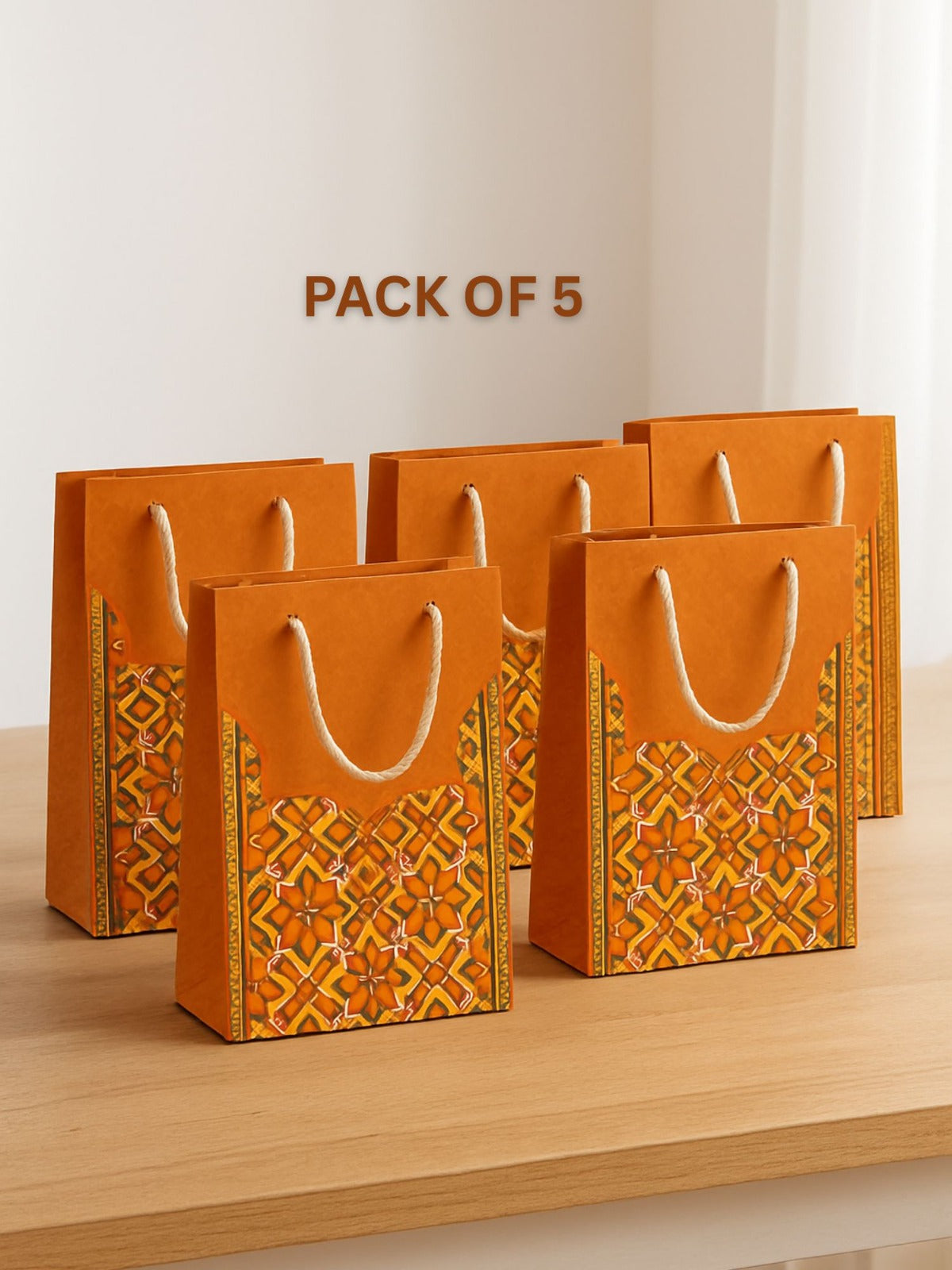 ARTSY® Elegant Premium Paper Gift Bags (Pack of 5) – Reusable Luxury Carry Bags with Rope Handles for Return Gifts, Weddings, Festive Gifting – Tan, 8x10 Inch