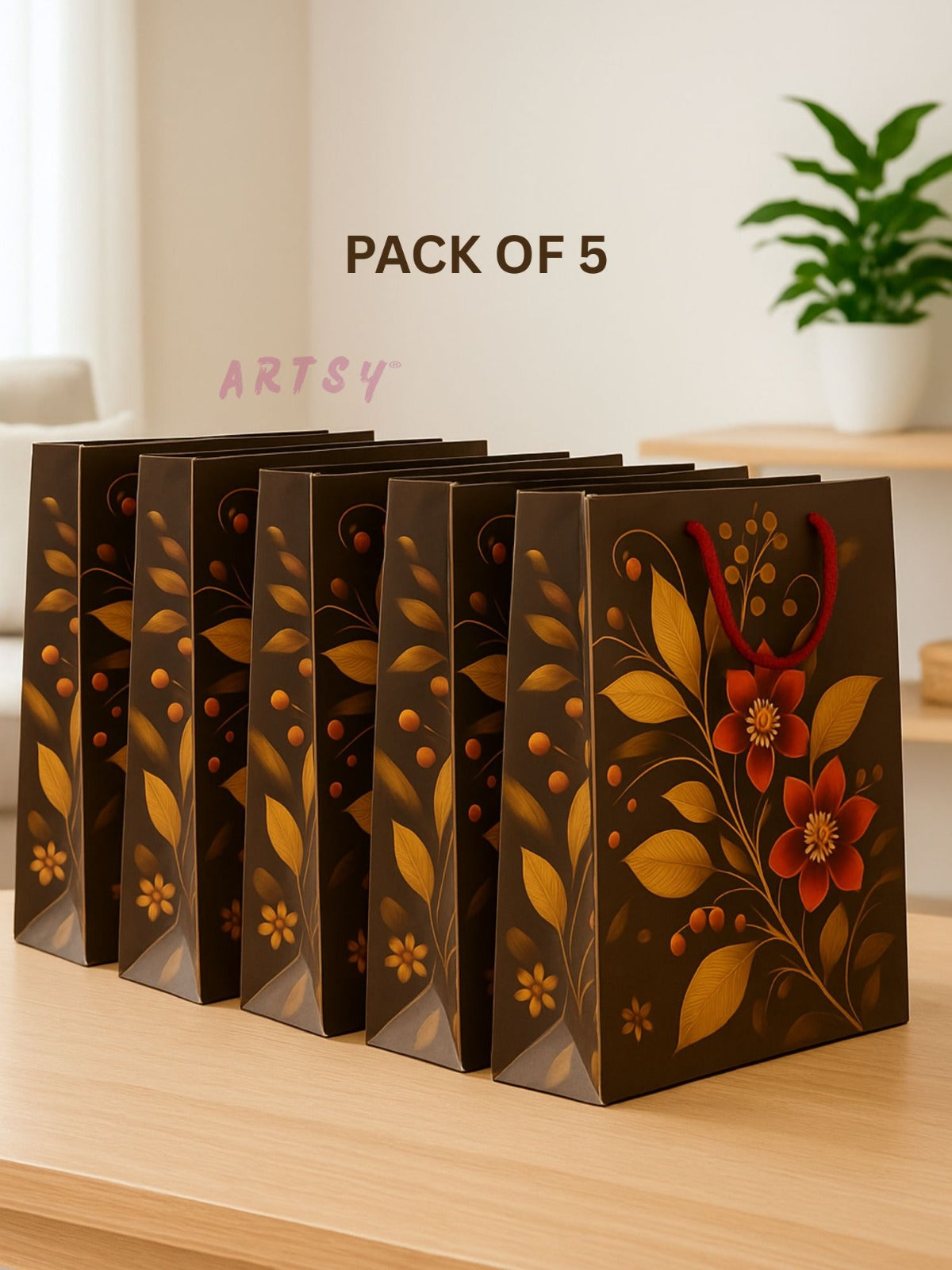 Artsy Premium Paper Gift Bags – Brown Floral, Gold Print | Rope Handles | Reusable | 10×12 Inch | Pack of 5