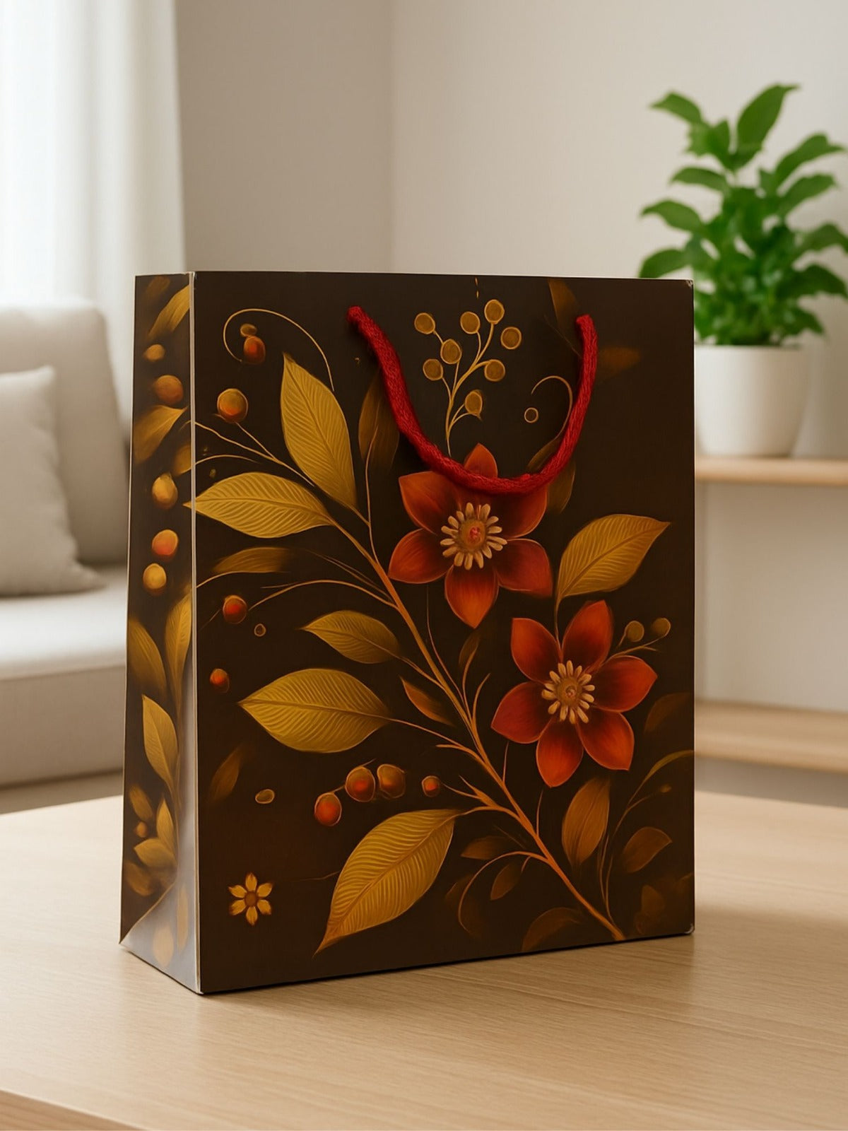 Artsy Premium Paper Gift Bags – Brown Floral, Gold Print | Rope Handles | Reusable | 10×12 Inch | Pack of 5