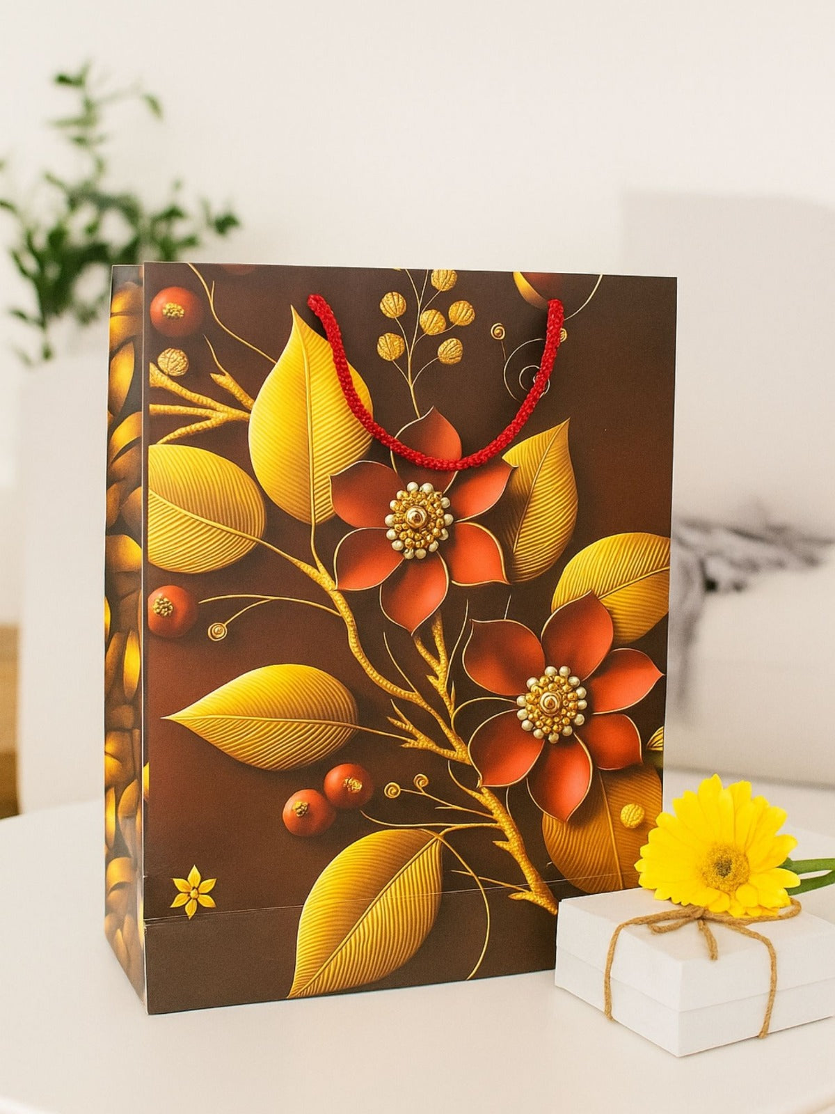Artsy Premium Paper Gift Bags – Brown Floral, Gold Print | Rope Handles | Reusable | 10×12 Inch | Pack of 5