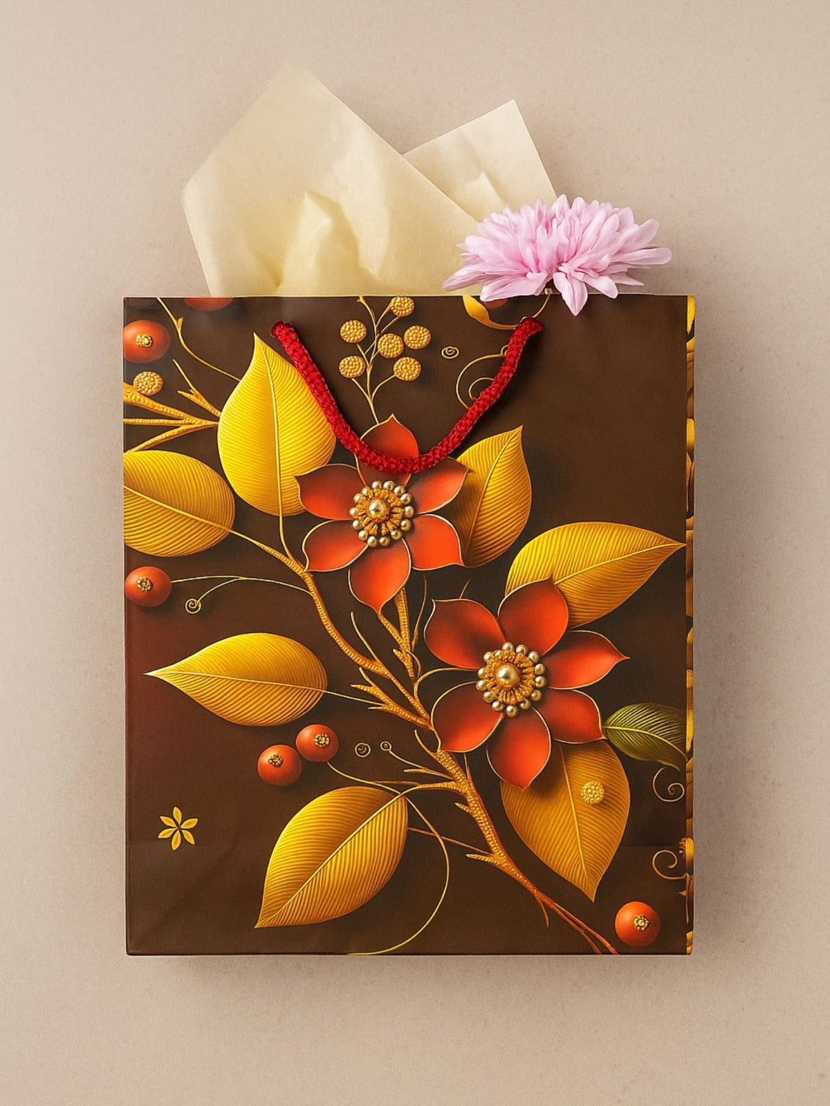 Artsy Premium Paper Gift Bags – Brown Floral, Gold Print | Rope Handles | Reusable | 10×12 Inch | Pack of 5