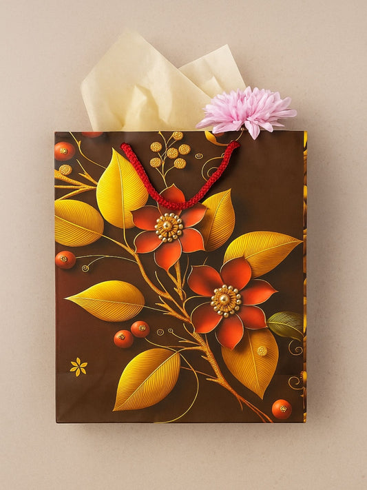 Artsy Premium Paper Gift Bags – Brown Floral, Gold Print | Rope Handles | Reusable | 10×12 Inch | Pack of 5