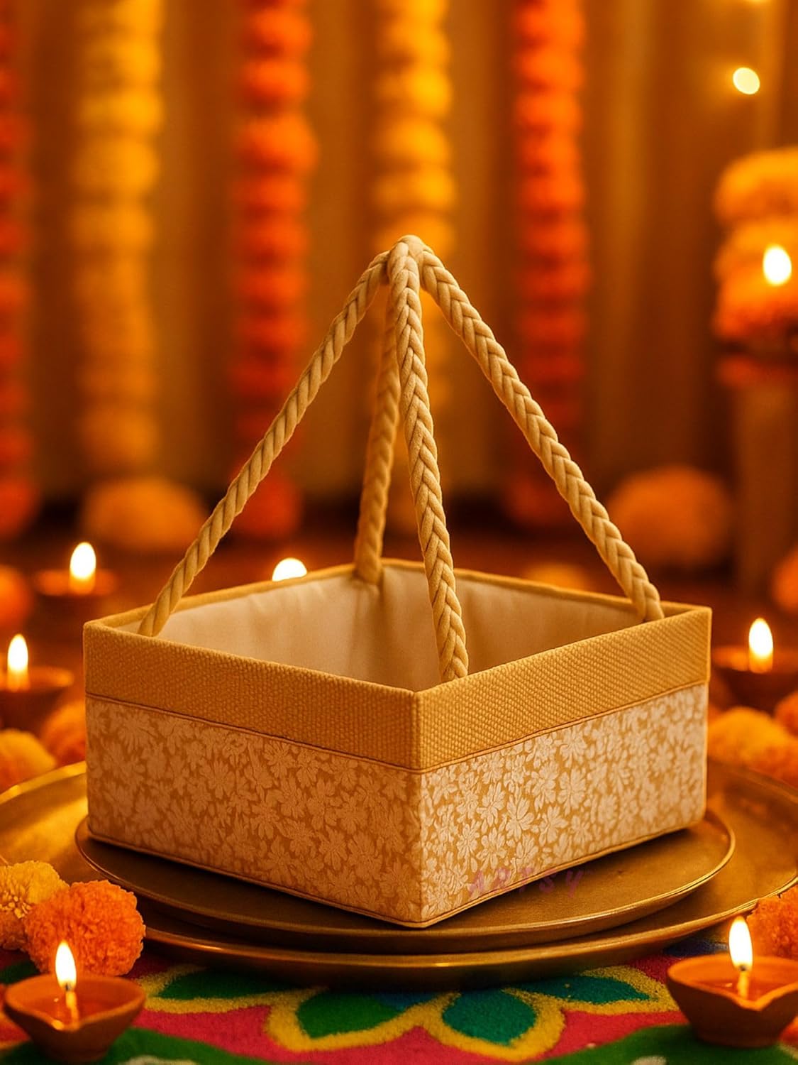 close up of cream decorative basket with floral embroidery and braided handle