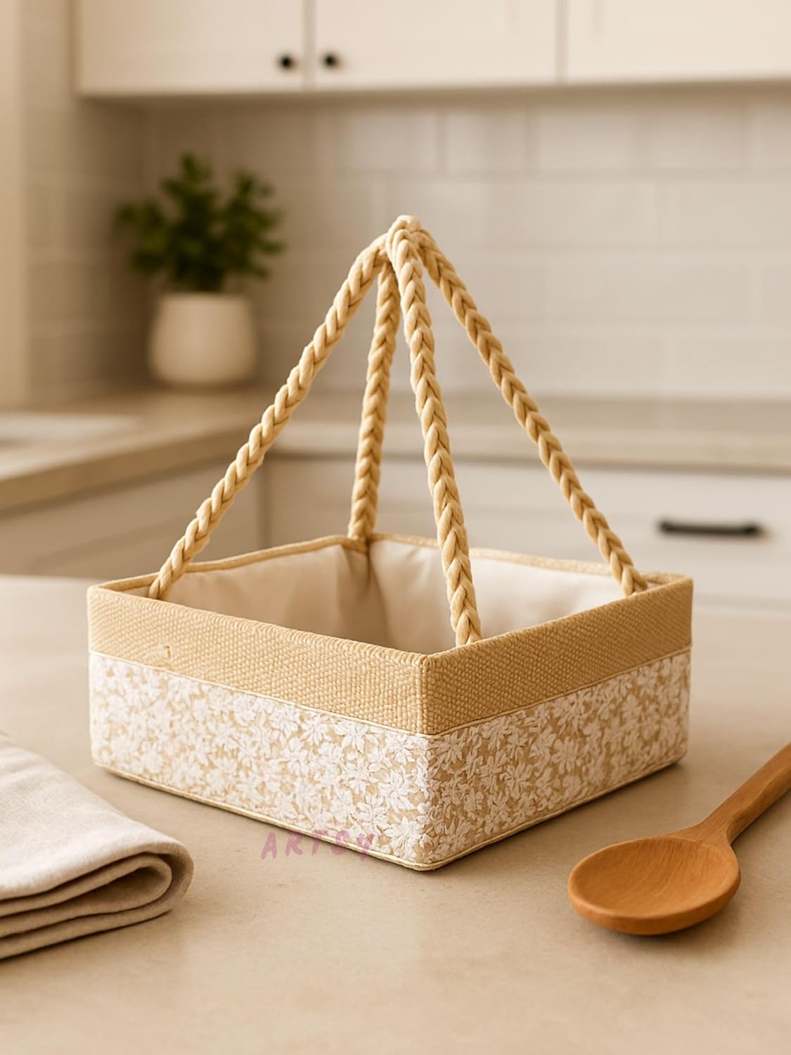 cream decorative gift basket with braided handles for festive gifting