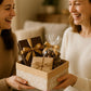 handcrafted cream hamper basket with chocolates and gift boxes