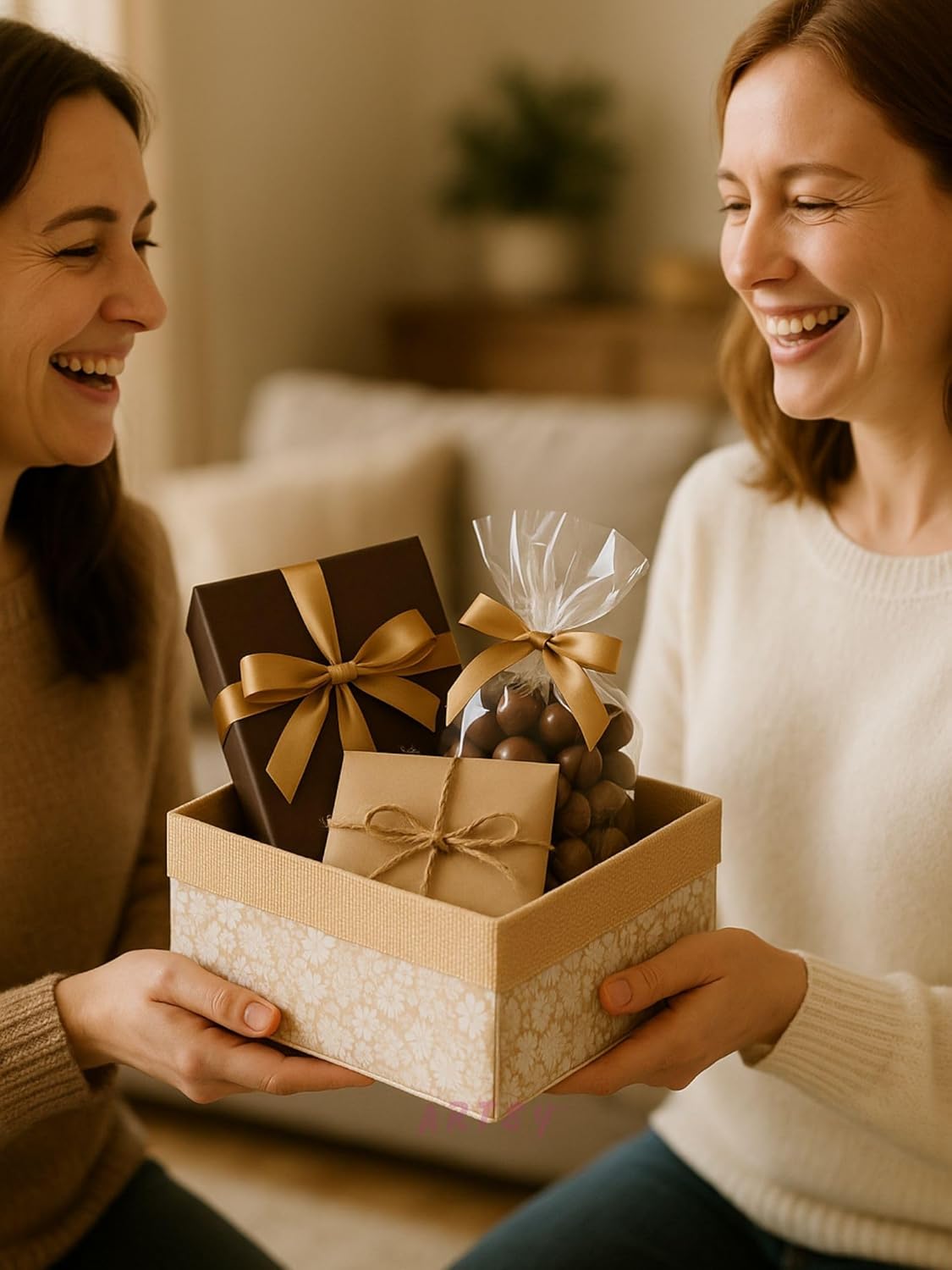 handcrafted cream hamper basket with chocolates and gift boxes