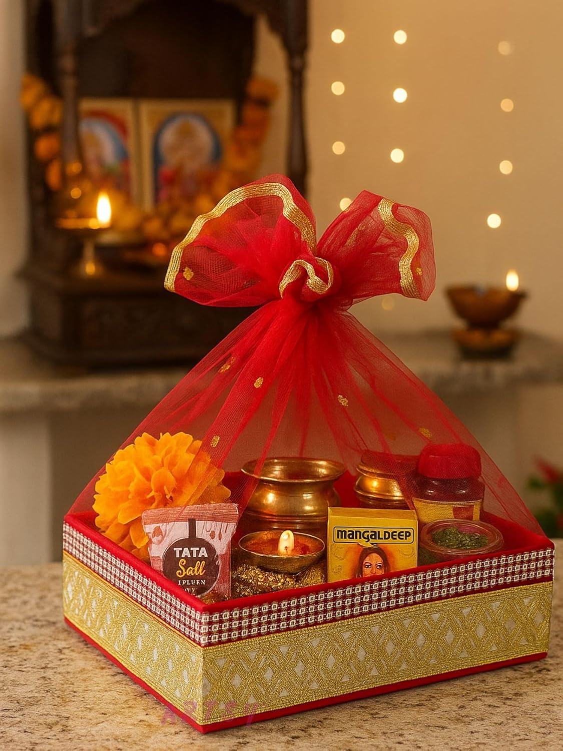 handcrafted decorative gift hamper basket for Diwali puja essentials