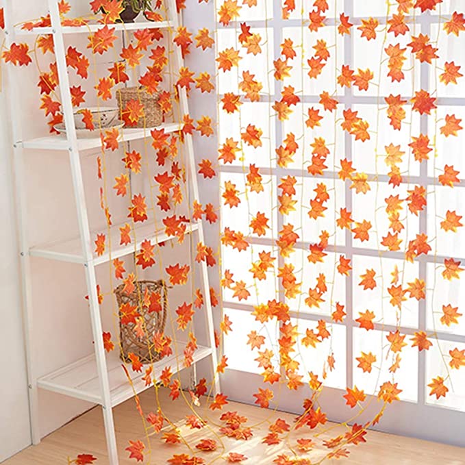 ARTSY® Artificial hanging flowers for wall decoration, artificial plants for home decor, maple plant leaves for decoration, office decor, craft, gifting, pack of 5 pieces, 7 feet long each, orange