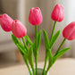 Pink tulips in a white vase on a blurred background