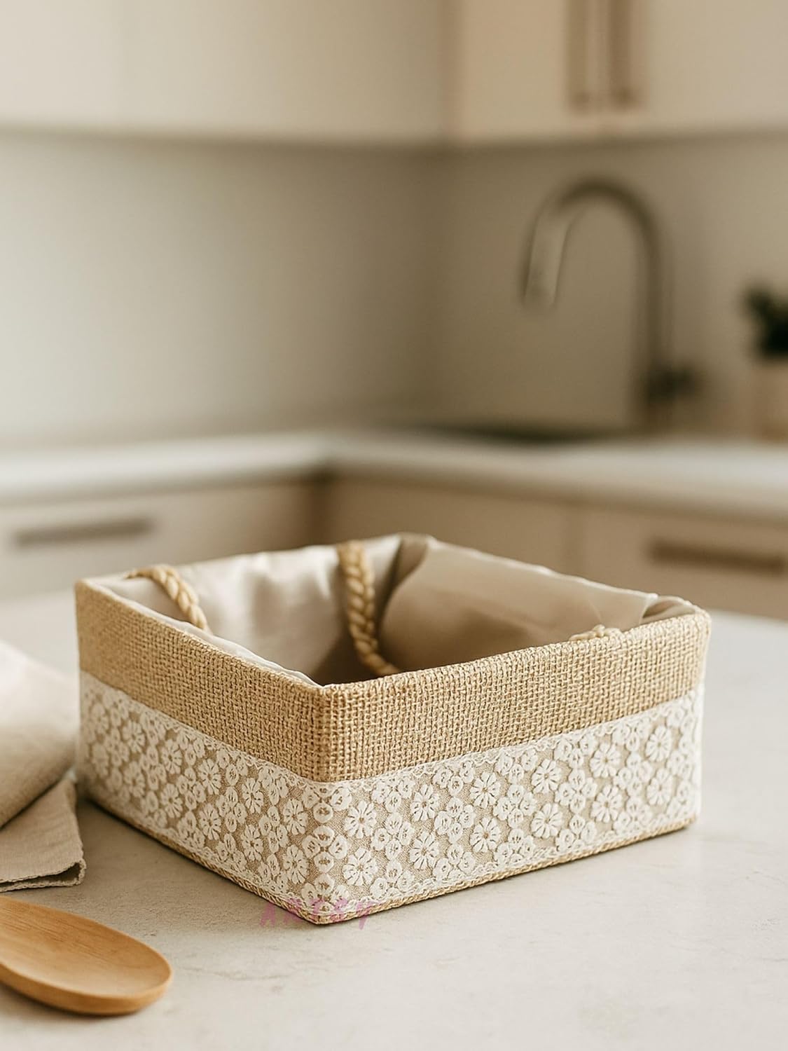 reusable cream hamper basket with handles for gifting and storage