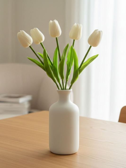 white artificial tulips minimal decor