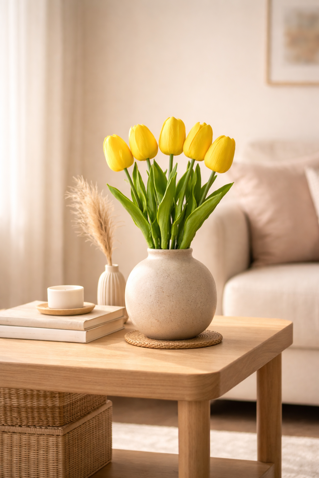 Artificial Tulips Yellow (Pack of 5) Real Touch PU Flowers for Home Decor, Vase & Gifting | ARTSY